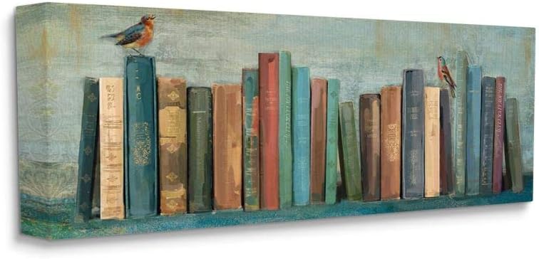 Paintings - Stupell Industries Books and Birds Green Blue Textured Painting, Design by Main Line Studio Wall Art, 20 x 48, Canvas