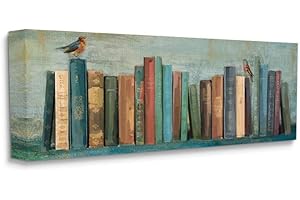 Stupell Industries Books and Birds Green Blue Textured Painting, Design by Main Line Studio Wall Art, 10 x 24, Canvas