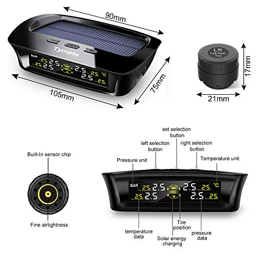 Tymate TPMS Solar Power with HD LCD Screen- Real-time Displays 4 Tires' Pressure, Temperature (-40℃~80℃)- Wireless Tire Pressure Monitoring System with 4pcs External Sensors (0-6.0 BAR)- 6 Alarm Modes