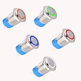 DMWD 5pcs 16mm Metal Waterproof Momentary Push Button Switch Self-Reset Silver Shell 5/8" Mounting Hole, 12V-24V ON Off 5Pins 1NO 1NC Plug in Halo Ring LED Light 5Colors (Blue,Orange,Green,Red,White)