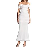 KUTUMAI Off The Shoulder Maxi Long Dress Corset Ruched Bodycon Formal Wedding Guest Dresses for Women