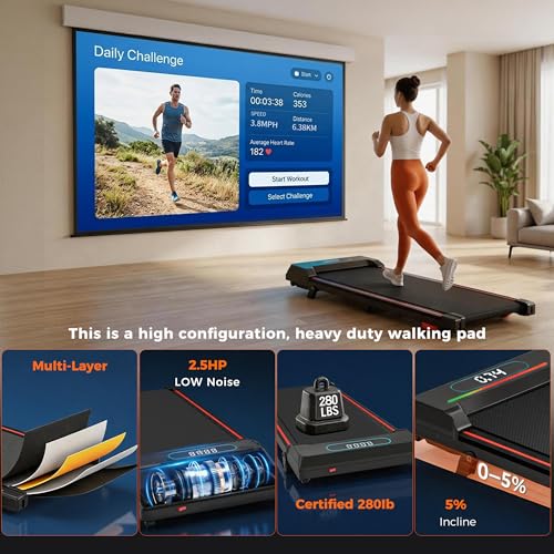 Tapis de Marche Walking Pad Inclinable 5% sous Bureau | Tapis de course pour maison/bureau. Moteur silencieux 2,5 CV, RGB, Bluetooth Audio, App, télécommande. Charge max 127 kg