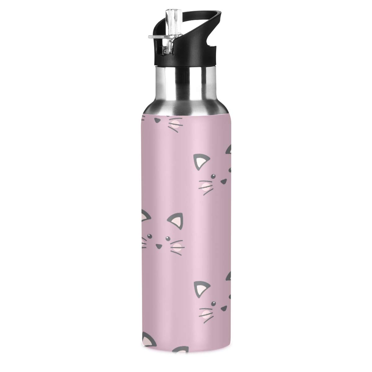 ALAZA Stainless Steel Water Bottle with Straw, Cute Cat Pink Insulated Drink Flask Sports Water Bottle for Kids Adults, Leakproof, 600ml