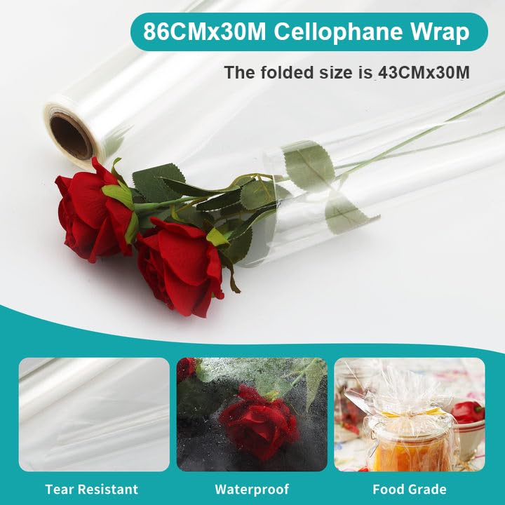 BUCOMTU 3 Mil Transparent Packaging Paper, 86 cm x 30 m, Transparent Plastic Roll, Suitable for Various Holidays and Occasions such as Valentine's Day, Christmas, Weddings