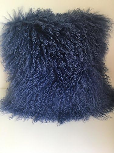 Mongolian fur pillow 16'' Square-Real Lamb fur throw cover super soft and long-haired (Navy Blue)