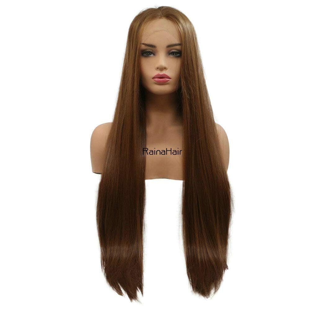 RainaHair 26 inch Ladies Chocolate Brown Lace Front Wigs Long Middle Parting Silky Straight Lace Wig Natural Looking Wigs for Women Heat Resistant(Chocolate)