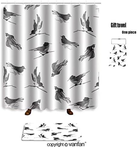 vanfan bath sets with Polyester rugs and shower curtain watercolor ink sumi e bird seamless pattern 5 shower curtains sets bathroom 69 x 90 inches&amp;31.5 x 19.7 inches(Free 1 towel and 12 hooks)