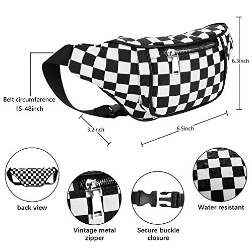 Fanny Pack, Waist Fanny Pack PU Leather Bum Bag for Women Menï¼ŒWaterproof Waist Pack Retro Neon Fanny Bag for Festival, Rave (Black and White Checkerboard)