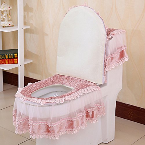 Freahap Toilet Cover Set Lace Bathroom Decor Tank Cover Toilet Lid Cover Toilet Seat Cover Pink - Thumbnail 3