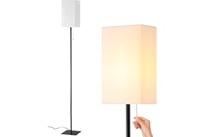 FIGDIFOR Floor Lamp for Living Room, Modern Standing Lamp Tall Lamp with Linen Shade, Simple Design Stand Up Lamp for Bedroom, Office, Kids Room, Reading, Working,Black (LED Bulb Included)