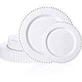 U-QE 60PCS White Plastic Plates - Fancy Beaded Plates Disposable Heavy Duty - Premium Hard Plastic Plates for Party, Wedding & Birthday Including 30 Dinner Plates 10" & 30 Dessert Plates 7"