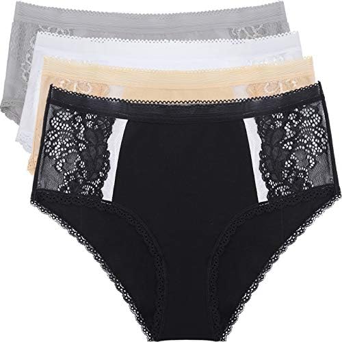 LEVAO Womens Cotton High Waist Underwear Panties Lace Hi Cut Panty Briefs 4 Pack, Supersoft