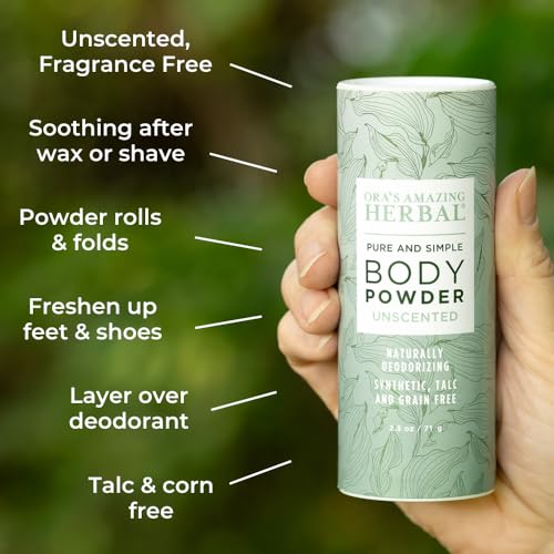 Fragrance Free Body Powder for Women and Men, Unscented Talc Free Talcum Powder, Cornstarch Free Dusting, Waxing, Natural Sugaring, Foot Powder, Dry Shampoo, Made in USA, Ora’s Amazing Herbal, 2.5 oz
