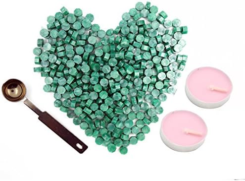 Green Sealing Wax Beads 140 Pieces OCTAGON Wax Seal Beads Kit with a Wax Melting Spoon and 2 Pieces Candles for Wax Seal Stamp (green)