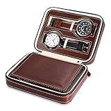 EleLight Watch Travel Case Portable Leather Zippered Watch Storage Box Display Organizer Case, Best Gift for Men, Women (4 Slot, Brown)