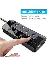 USB 3.0 Hub, ATOLLA USB Splitter con 4 puertos de datos USB 3.0 y 1 puerto de carga inteligente USB, interruptores de alimentación individuales y adaptador de alimentación de 5 V 3 A
