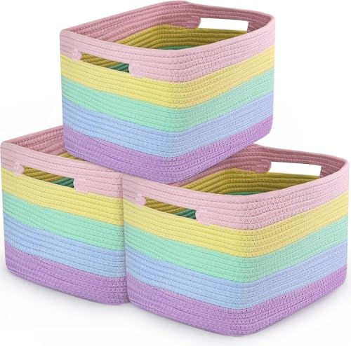 Beauenty Woven Storage Baskets,3 Pack Collapsible Rainbow Woven Storage Bins for Shelves,Soft Boho Organizer Baskets for Kids Room,Nursery,Playroom,Classroom