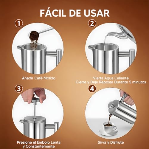KAMYSEN Prensa Francesa, 1000ml Cafetera de Acero Inoxidable de Doble Pared | 3pcs Filtro de Repuesto, 1pc Cucharas de Acero Inoxidable, 1pc Brocha de Esponja