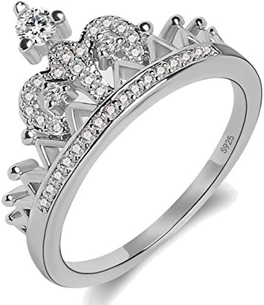 Women's Crown Tiara Rings Exquisite 18K Rose Gold Plated Princess Tiny CZ Diamond Accented Promise Rings for Her Size 5-10 (silver, 9)