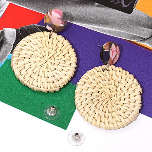 MOLOCH Rattan Earrings Handmade Lightweight Straw Wicker Braid Woven Drop Dangle Earrings Acrylic Resin Disc Statement Stud Earring (Disk Floral)
