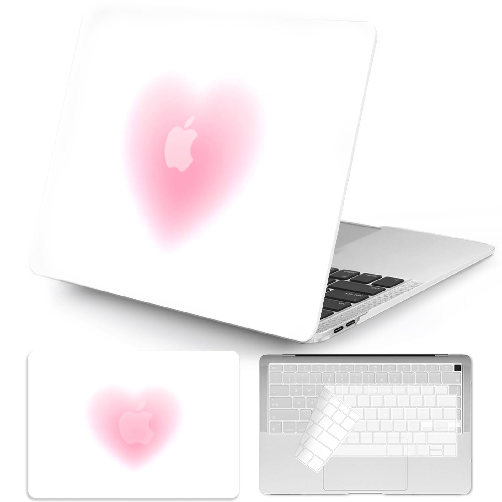 Photo 1 of Seorsok Compatible with MacBook Air 13 Inch Case 2022 2021 2020-2018 Release A1932 A2179 M1 A2337 Touch ID,Cute Pink Big Heart Aesthetic Plastic Hard Case with Transparent Keyboard Cover,White