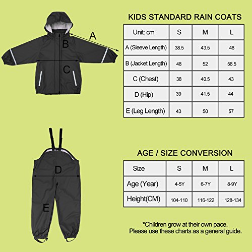Andake Kids Rain Suit, Waterproof Rain Jacket and Bib Overall (Black, S (4-5Y))