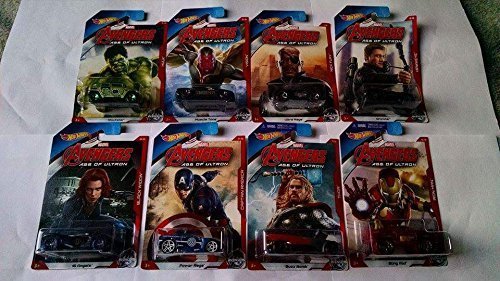 2015 Hot Wheels Avengers Age of Ultron Set of 8 Thor Buzz Bomb, Iron Man Sting Rod, Nick Fury Ultra Rage, Vison Muscle Tone, Hawkeye Growler, Black Widow 16 Angels, Hulk Rockster, Captain America Power Rage