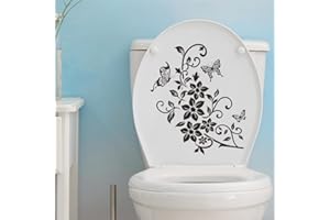 TYPOGROVE Floral Butterfly Bathroom Decals - Removable Self Stickers for Toilet Seat Cover, Shower Tile and Mirror Decor (Black Botanical Design)
