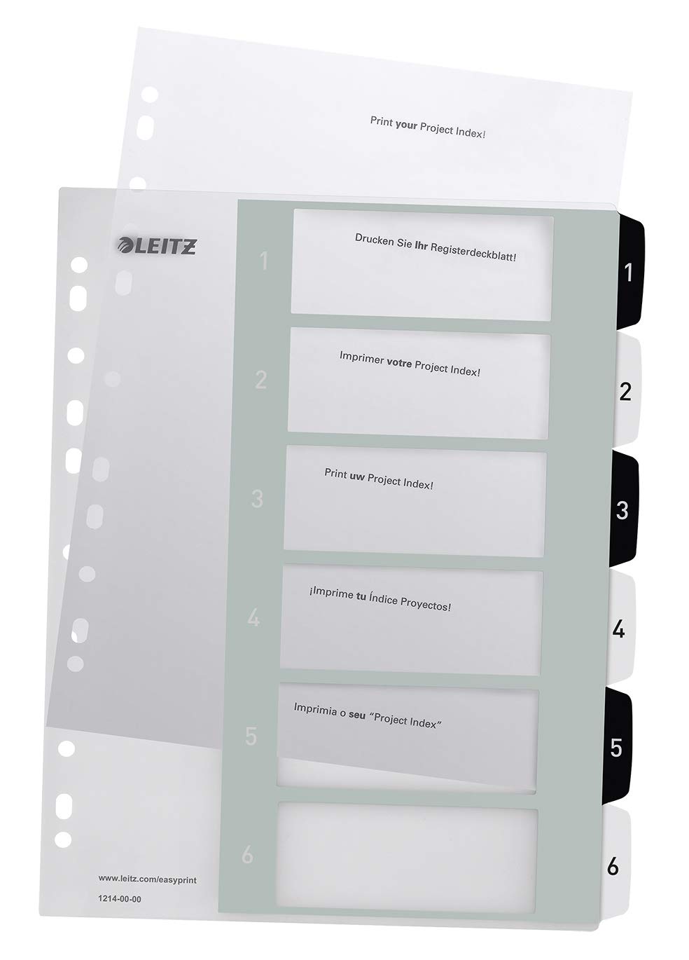Leitz WOW Printable Index, Extra-Wide, 1-6 Numbered Tabs, PP, A4, White/Black