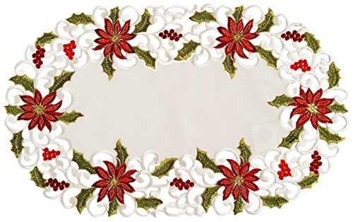 Xia Home Fashions Poinsettia Lace Embroidered Cutwork Christmas Placemats, 12 by 18-Inch, Set of 4
