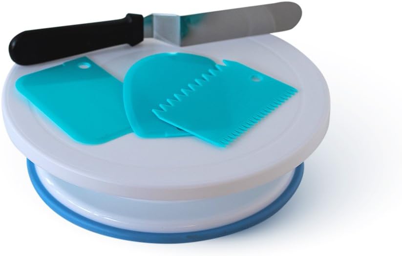 Rotating Cake Stand by Great Views Turntable Lazy Susan COMPLETE WITH – Cake Decorating Supplies 3 Icing Scraper/Combs 1 Angled Icing Spatula, 11 Inch, White