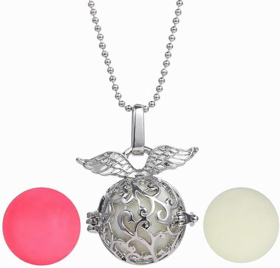 FM FM42 Openable Angel Wings Ball Locket with 3 Colors Glow in The Dark Balls Pendant Necklace GN1089