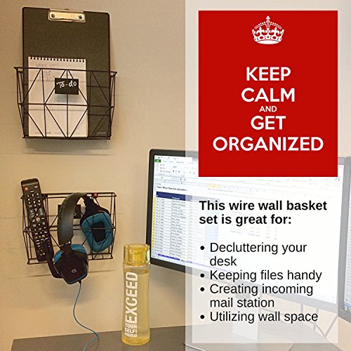 2 Wall Mount Mail Organizers - Black Metal Wire Magazine Storage Baskets for Home and Office - Thumbnail 7