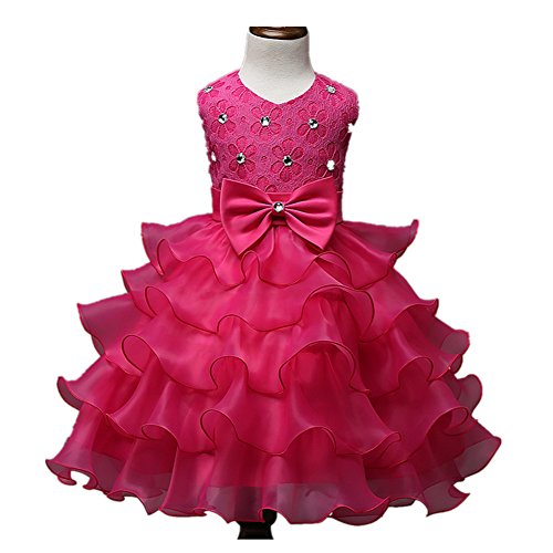 MUYAOO Girls Kids Bowknot Beads Ruffles Lace Princess Party Wedding Dress