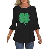 Roshop St Patrick Day Shirts Women 3 4 Sleeve Ruffle Holiday Outfits Lucky Irish Shamrock Tops