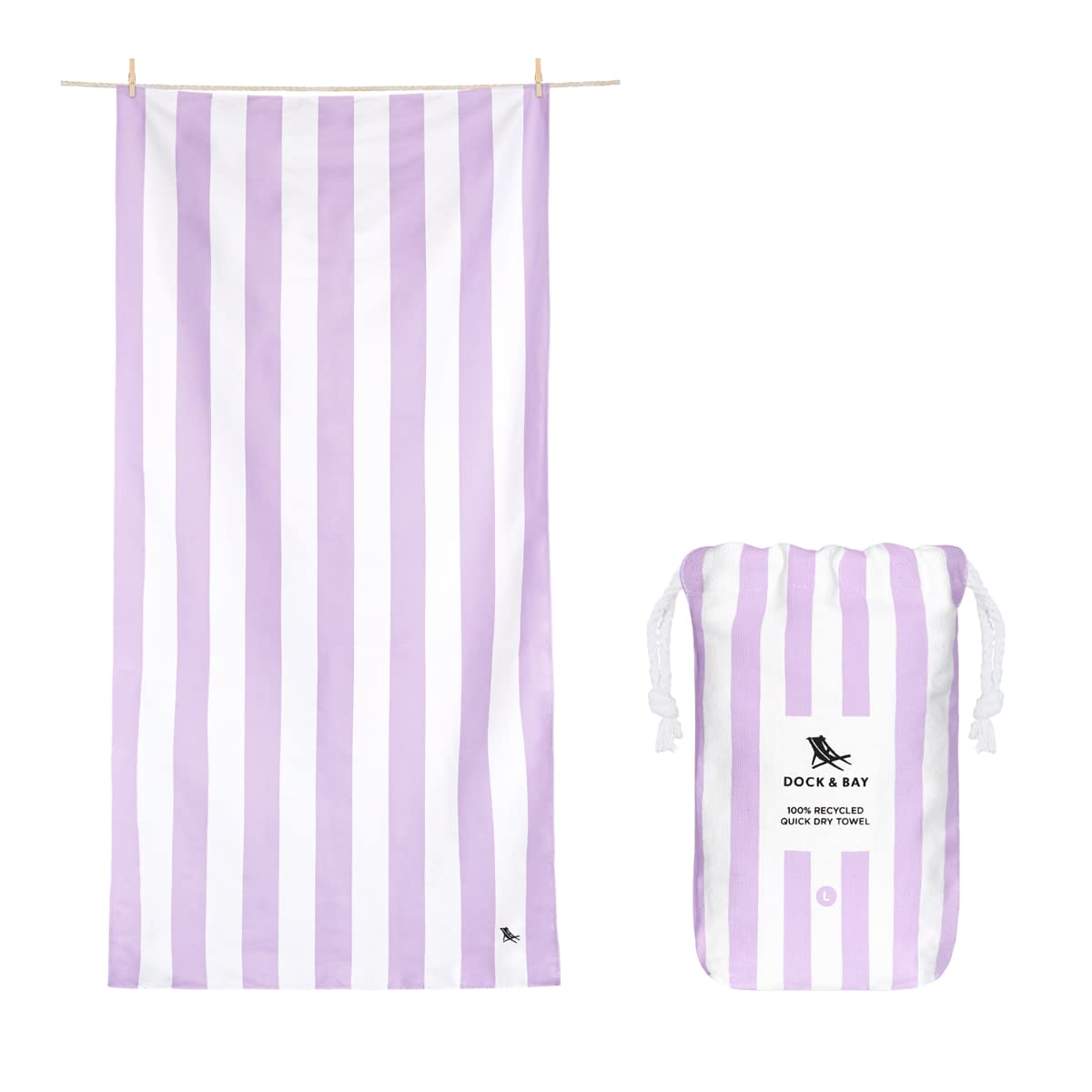 Dock & Bay Beach Towel - Quick Dry, Sand Free - Compact, Lightweight - 100% Recycled - Includes Bag - Cabana Light - Lombok Lilac - Extra Large (200x90cm, 78x35")
