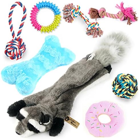 Critter Mamas Puppy Chew Toys and Small Dog Toy Set (8 Pack) -Natural Cotton Dog Rope Toys for Puppy Teething and Dental Cleaning -No Stuffing Plush Squeaker Toy -Great New Puppy Starter Kit
