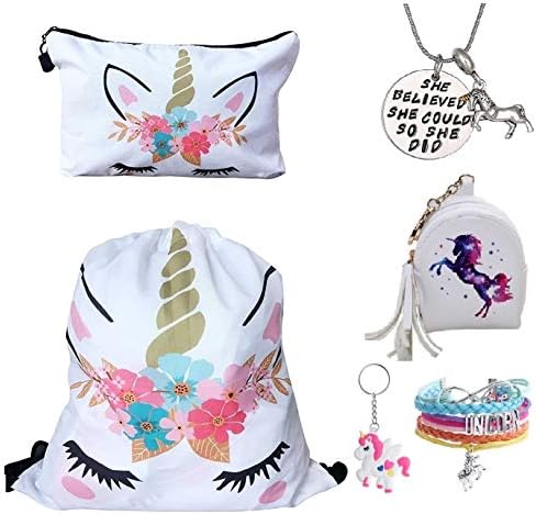 Fanovo Unicorn Drawstring Backpack/Make Up Bag/Necklace/Bracelet/Gift Sets for Girls Party Christmas (A - Drawstring Set J)