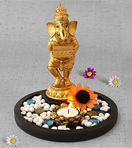 Indian God Ganesha Playing Harmonium Figurine Idol Murti with Wooden Tray, Pebbles, Artificial Flower, Tealight Candle Holder for Home Decoration and House Warming Gifts (Best Harmonium Company In India)