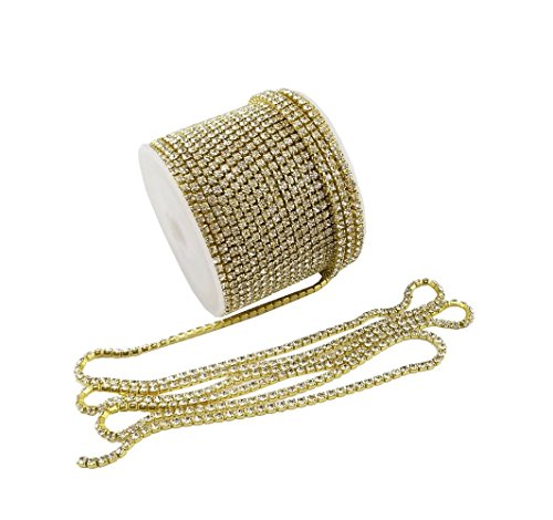Roll of 10 Meters/11 Yards Crystal Rhinestone Close Chain Trimming Claw Chain For Jewelry Crafts DIY by Beading Station (2mm Gold)