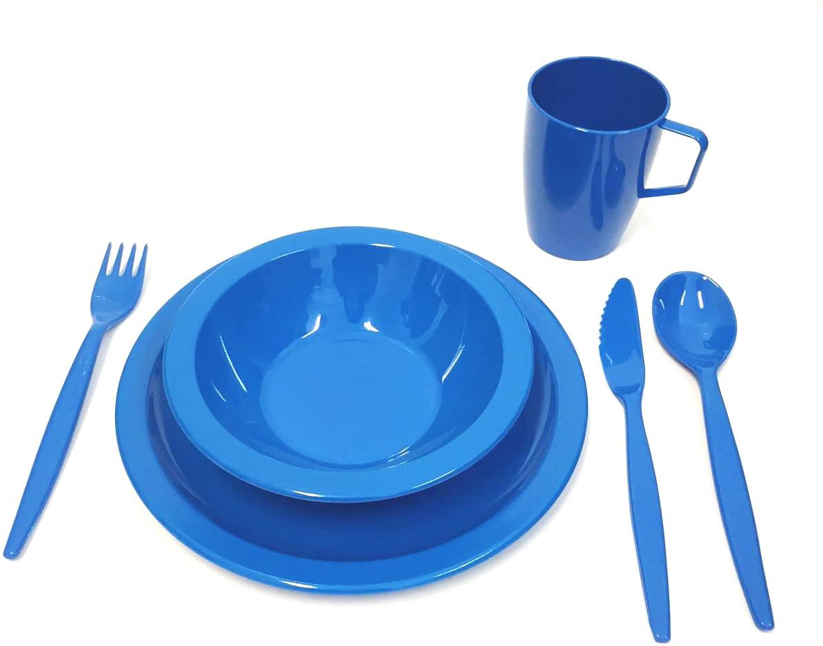 Harfield Camping Tableware Blue Dining Set - Plate, Bowl, Beaker and Cutlery - Reusable Virtually Unbreakable Polycarbonate Plastic