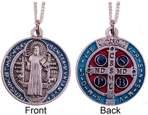 20mm Saint St BENEDICT Red Blue Enamel Medal Charm Pendant with a 46cm Silver Plated Chain and a 2cm Pewter Love Heart Token in Pewter