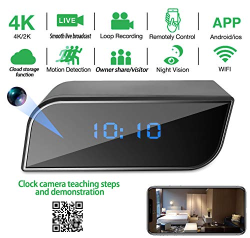 Spy hidden 4K real-time camera clock WiFi wireless network cloud storage camera, with automatic night vision function, remote on/off function, etc. support IOS / Android system, more functions are as follows