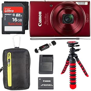 Canon PowerShot ELPH 190 Digital Camera 10x Optical Zoom IS Wi-Fi NFC Enabled (Red), SanDisk Ultra 16GB, Camera Case and Premium Accessory Bundle