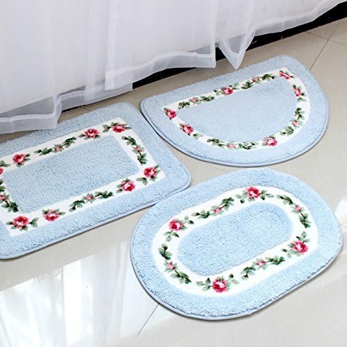 Sytian Set of 3 Decorative Super Soft Floral Design Rural Style Pretty Rose Pattern Non Slip Absorbent Shaggy Area Rug Carpet Doormat Floormat Bath Mat Bathroom Shower Rug (Blue)