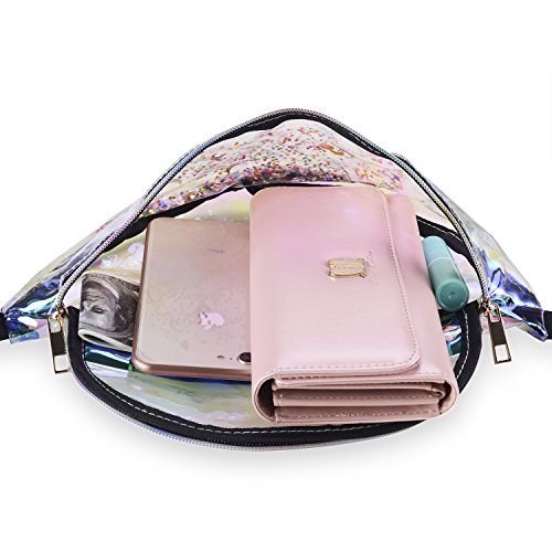 Miracu Holographic Fanny Pack, 80s Fanny Packs for Women and Men, Shiny Waist Pack Bum Bag Fashion for Rave, Festival, Party, Travel (Clear Quicksand) - Thumbnail 3