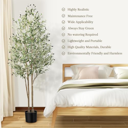 Alupssuc Olive Trees Artificial Indoor, 6FT Tall Faux Olive Tree, Artificial Plants with Natural Wood Trunk and Lifelike Fruits for Home Office Decor
