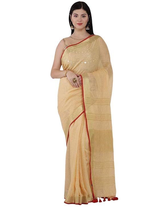 For Womens Bhagalpuri Pure Linen Yellow Saree With Plain Zari Border Contrast Blouse Piece