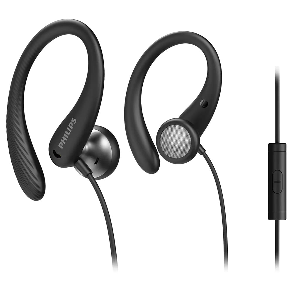 Philips Audio TAA1105BK/00 Sports Headphones With Microphone, In-Ear (Flexible Ear Hook, Bass Beat Vent, IPX2 Sweat Resistant, Secure Fit, In-Line Remote Control) Black