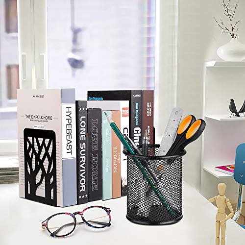 Bookends, Metal Book Ends, Decorative Bookend Supports Black Book Shelf Holder Non Skid Heavy Duty Book Stoppers 1 Pair, Book Stand for Shelves Bookshelf Office School Library with 1 Pen Holder